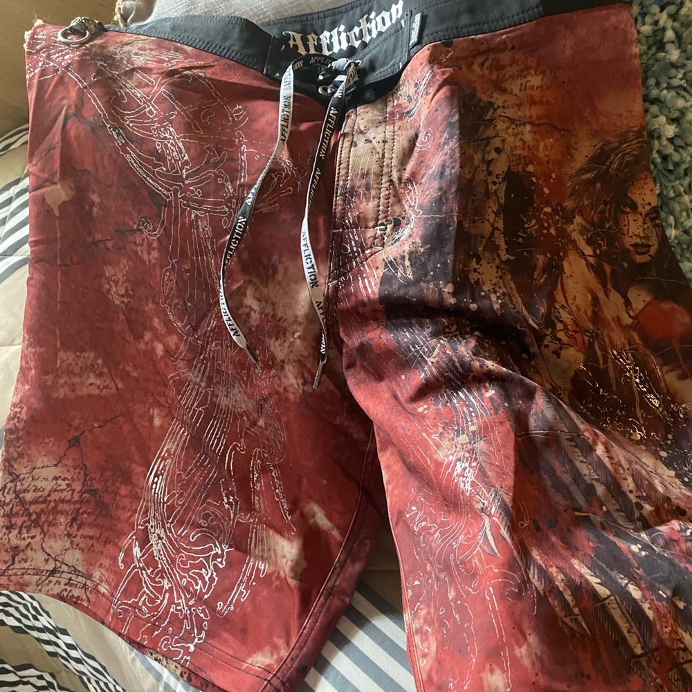 Like BN - Affliction Burgundy/Blk  Swim Board Shorts